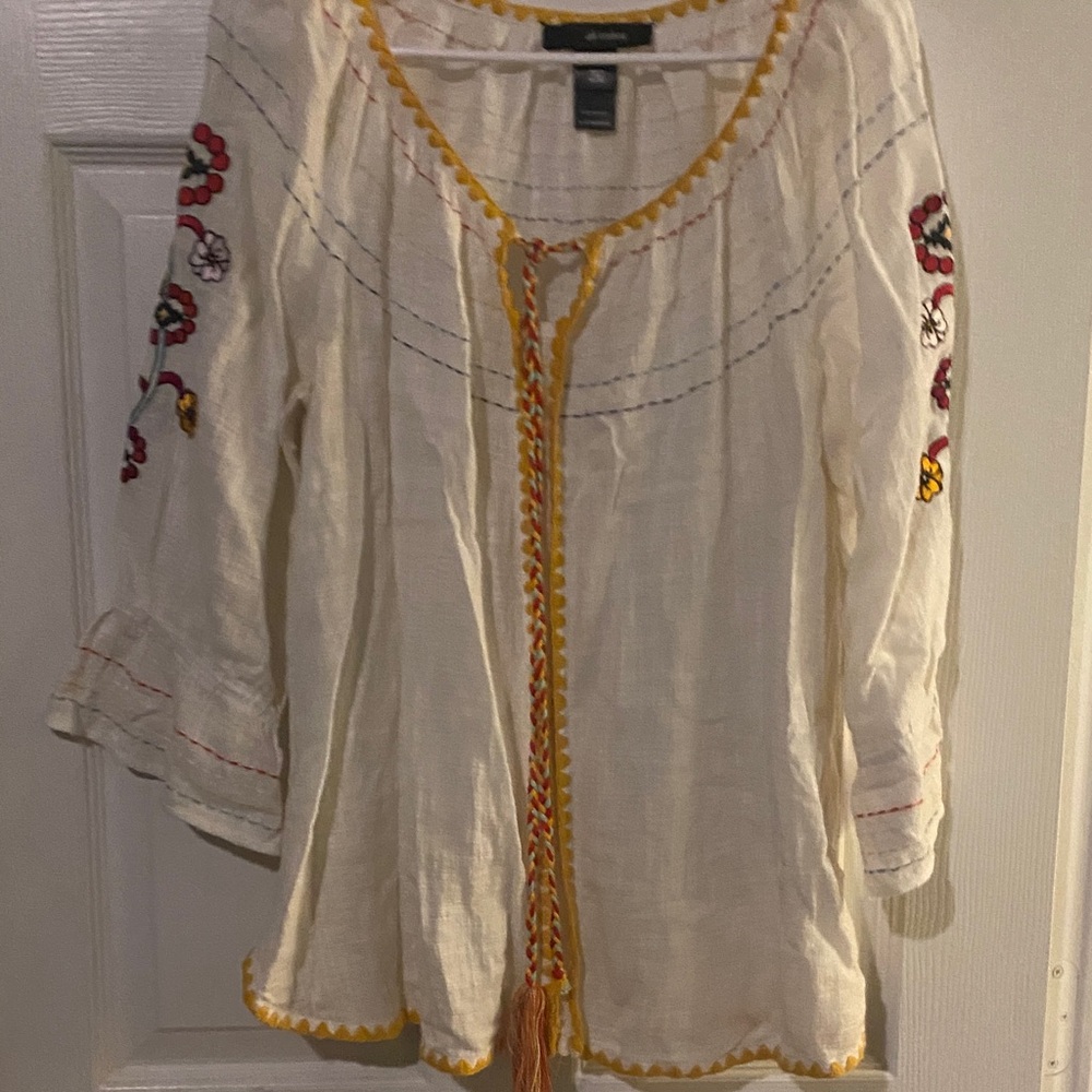 Ali Miles Cream Blouse with Colorful Embroidery